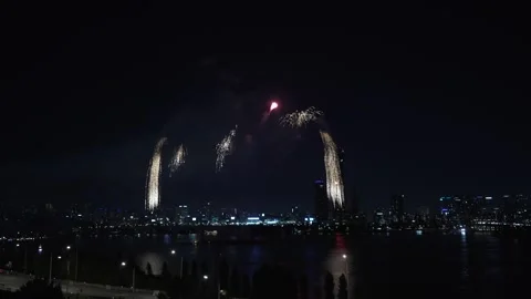 Colorful Fireworks Exploding in the Night Sky of the Seoul During Stock Footage 287608528