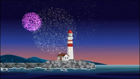 Colorful Fireworks Exploding in the Night Sky Above a Coastal Lighthouse Stock Footage 336520755