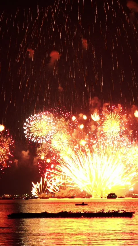 Colorful fireworks exploding in night sky. Explosion of pyrotechnics. Vertical Video stock 340245034