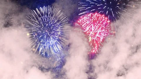 Colorful fireworks exploding in the night sky with thick smoke with video 库存影片 340612638