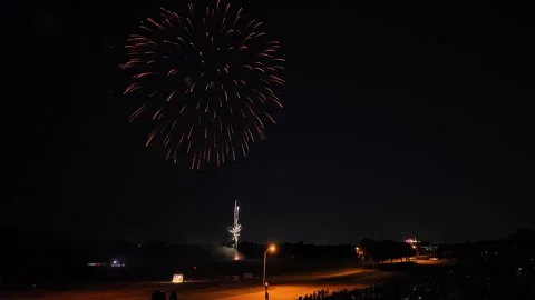 Colorful fireworks exploding in night sky over park Stock Footage 340938978