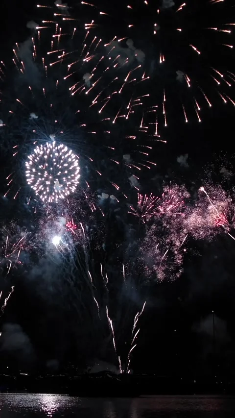 Colorful fireworks exploding in night sky over dark water 库存影片 341903878