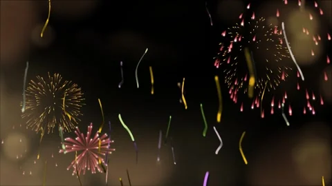Colorful fireworks exploding in the night sky with golden light trails and Stock Footage 345635030