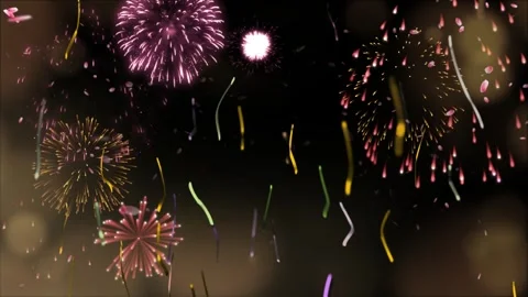 Colorful fireworks exploding in the night sky with falling confetti and festive Stock Footage 345854171