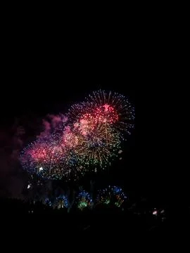 Colorful fireworks exploding in night sky at 22 July Cannes Stock-Fotos