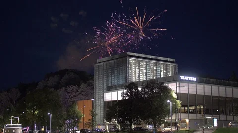 Colorful fireworks exploding in the nightsky above city Turku in Finland. Stock Footage 96050560