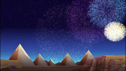 Colorful Fireworks Exploding Over Ancient Egyptian Pyramids at Night Video stock 328137430