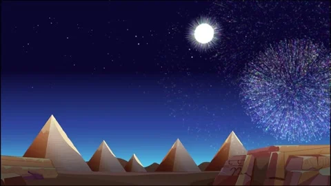 Colorful Fireworks Exploding Over Ancient Egyptian Pyramids at Night Stock Footage 328137906