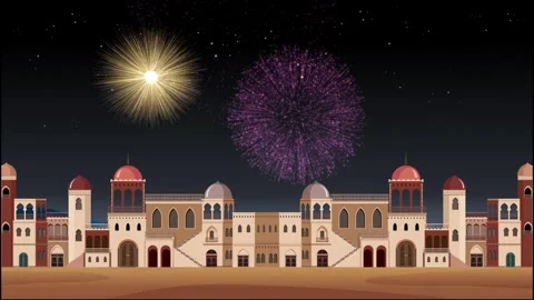 Colorful Fireworks Exploding Over a Cartoon Middle Eastern City at Night Stock Footage 330448342