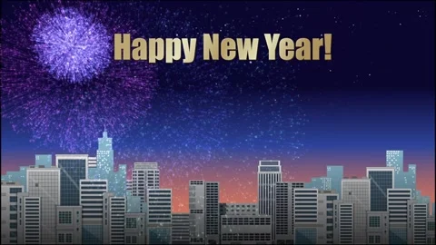 Colorful Fireworks Exploding Over City Skyline with Happy New Year Text Stock Footage 328339969