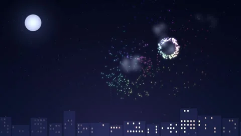 Colorful Fireworks Exploding Over City Skyline At Night Motion Graphics Vídeos de archivo 347657422