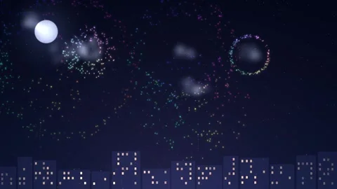 Colorful Fireworks Exploding Over City Skyline At Night Animated Vector Stockbeeldmateriaal 347658401