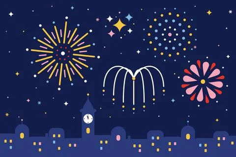 Colorful Fireworks Exploding Over A City Skyline At Night Иллюстрация