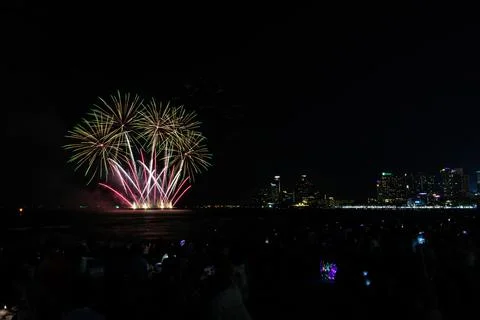 Colorful Fireworks Exploding Over Coastal Cityscape Night Sky Landscape Shot Stock-Fotos