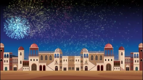 Colorful Fireworks Exploding Over a Middle Eastern Desert City at Night 動画素材 328137426