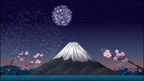 Colorful Fireworks Exploding Over Mount Fuji and Cherry Blossoms at Night Stock Footage 330384752