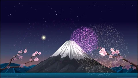 Colorful Fireworks Exploding Over Mount Fuji and Cherry Blossoms at Night Video stock 333101588