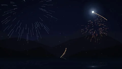 Colorful Fireworks Exploding Over Mountains At Night Animation Vídeos de archivo 347809627