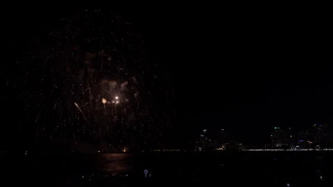 Colorful Fireworks Exploding Over The Night Sky Above The Coastal Skyline O.. Stock Footage 340182775