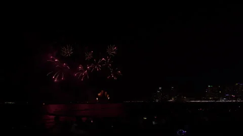 Colorful Fireworks Exploding Over Ocean Beach And City Skyline At Night In .. Stockbeeldmateriaal 346682516