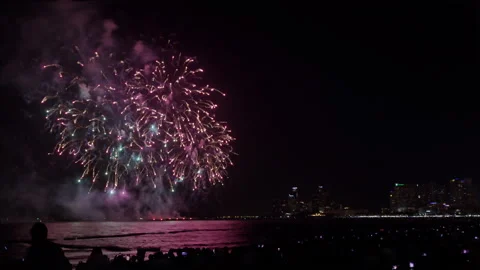Colorful Fireworks Exploding Over Ocean Beach And Pattaya City Skyline At N.. Stockbeeldmateriaal 346683399