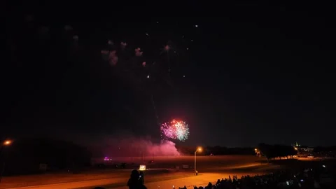 Colorful fireworks exploding over a park at night with crowd watching 動画素材 340938932