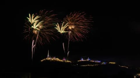 Colorful Fireworks Exploding Over Phra Nakhon Khiri Historical Park In Phet.. Stock Photos