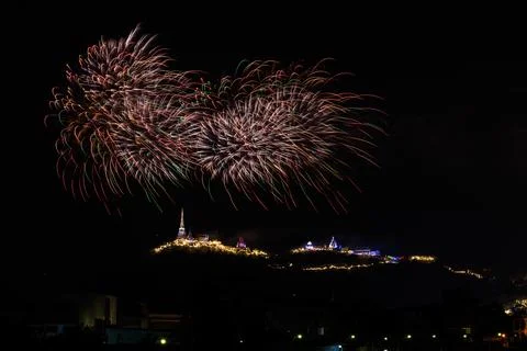 Colorful Fireworks Exploding Over Phra Nakhon Khiri Historical Park Night L.. Stock Photos
