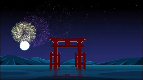 Colorful Fireworks Exploding Over a Red Japanese Torii Gate at Night 動画素材 328487620