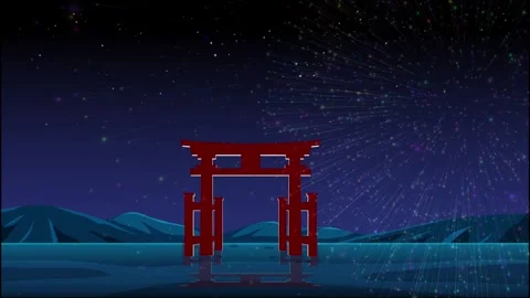 Colorful Fireworks Exploding Over a Red Japanese Torii Gate at Night 스톡 동영상 329816327