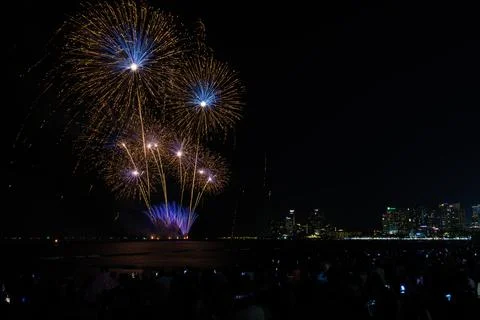 Colorful Fireworks Exploding Over The Seaside Skyline At Night In Pattaya C.. Stock Photos