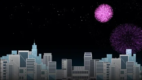 Colorful Fireworks Exploding Over a Stylized City Skyline at Night Stock Footage 328137879