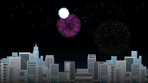 Colorful Fireworks Exploding Over a Stylized City Skyline at Night Stockbeeldmateriaal 328339738