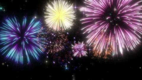 Colorful Fireworks Explosion Display on Black Background, Multi Color Pink Blue  Видео 336717161