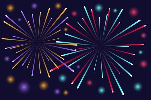 Colorful fireworks explosion vector illustration neon sparks on dark blue イラスト素材