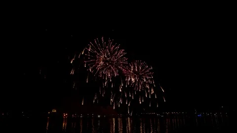 Colorful fireworks over the pond. Stock Footage 112746150