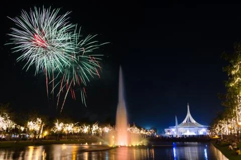 Colorful fireworks at Suan Luang Rama9 at night, Bangkok, Thailand Stock Photos