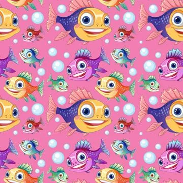 Colorful Fish Pattern with Bubbles Stock Illustration