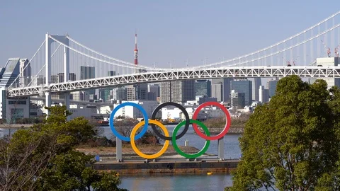 The colorful five interlocking rings of the famous Olympic Signs situated Stock Footage 125232465