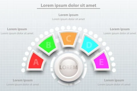 Colorful Five topics of half pie chart 3d paper with circle in center for pre 스톡 일러스트