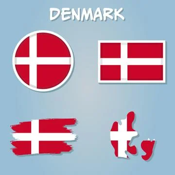 Colorful flag, map pointer and map of Denmark in the colors of the danish fla Stock Illustration