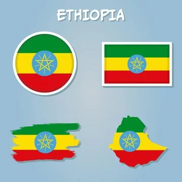 Colorful flag, map pointer and map of Ethiopia in the colors of the Ethiopi.. Stock Illustration