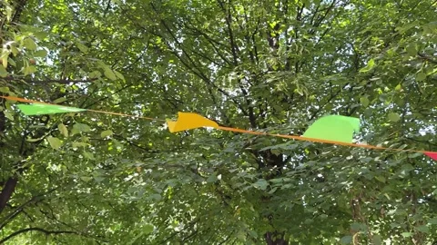 Colorful flags hanging in the sky during an outdoor event, symbolizing Stock Footage 317624965