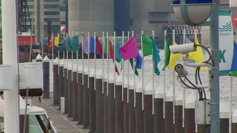 Colorful flags waving in the wind at the inner harbor in Baltimore, Maryland USA Stock Footage 105429648