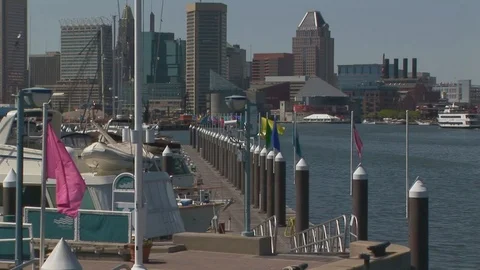 Colorful flags waving in the wind at the inner harbor in Baltimore, Maryland USA Stock Footage 105487857