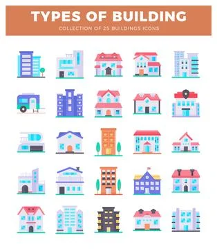 Colorful flat building icons in a grid layout. Ilustración de archivo