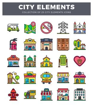 Colorful flat city elements icons with clean lines. displayed against a whi.. Stock Illustration