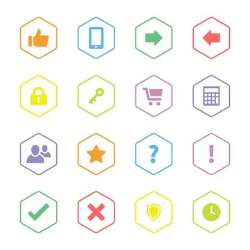 Colorful flat computer and miscellaneous icon set with hexagon frame Stock Illustration