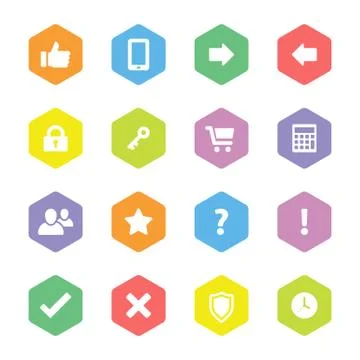 Colorful flat computer and miscellaneous icon set on hexagon Illustrazione stock