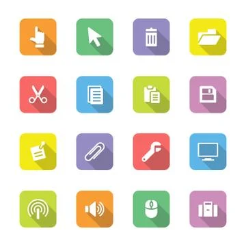 Colorful flat computer and technology icon set on rounded rectangle with shadow Stock Illustration